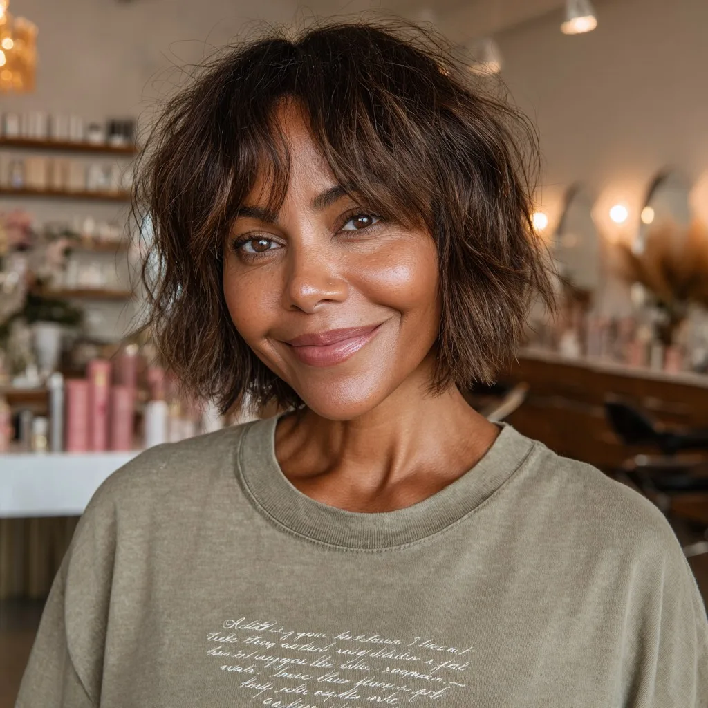 Chic Textured Shaggy Bob with Feathered Curtain Bangs