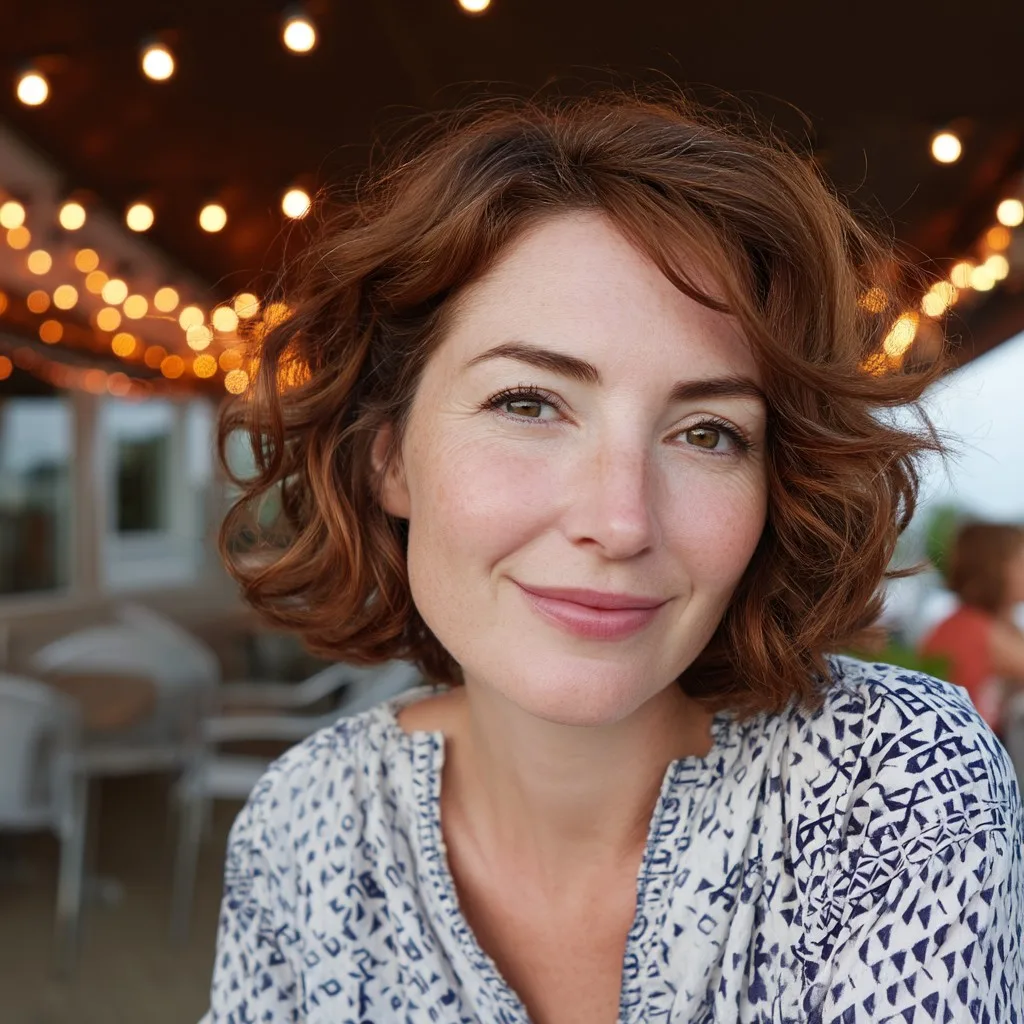 Chic Textured Shoulder-Length Curls with Soft Bangs