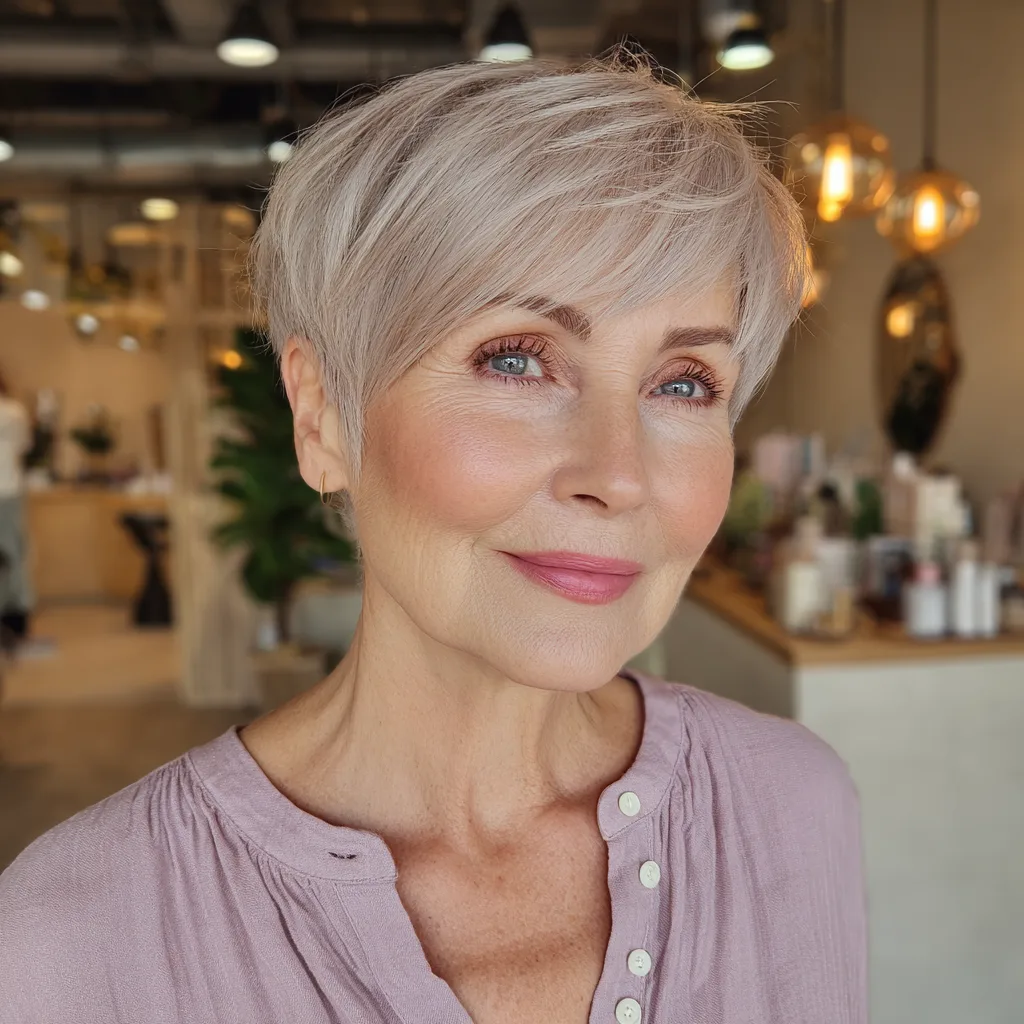 Chic Textured Silver Pixie with Soft Bangs