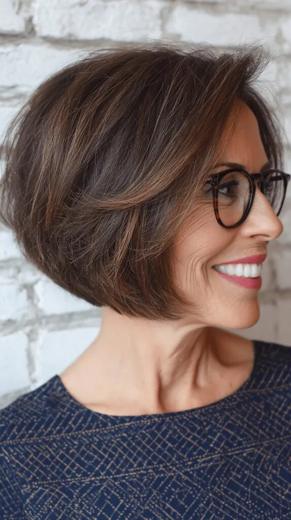 Chic Textured Stacked Bob with Warm Highlights