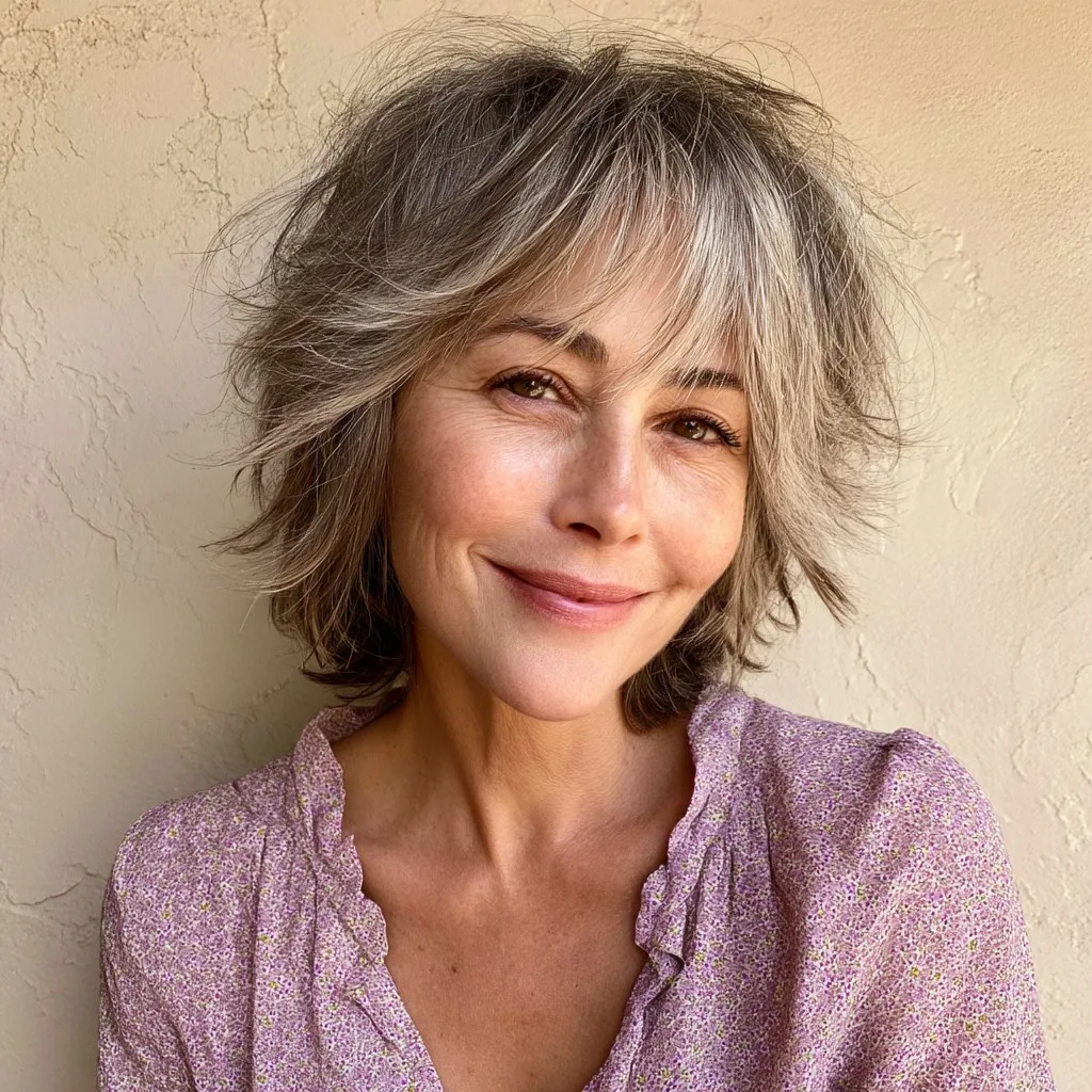 Chic Tousled Silver Shag with Face-Framing Layers