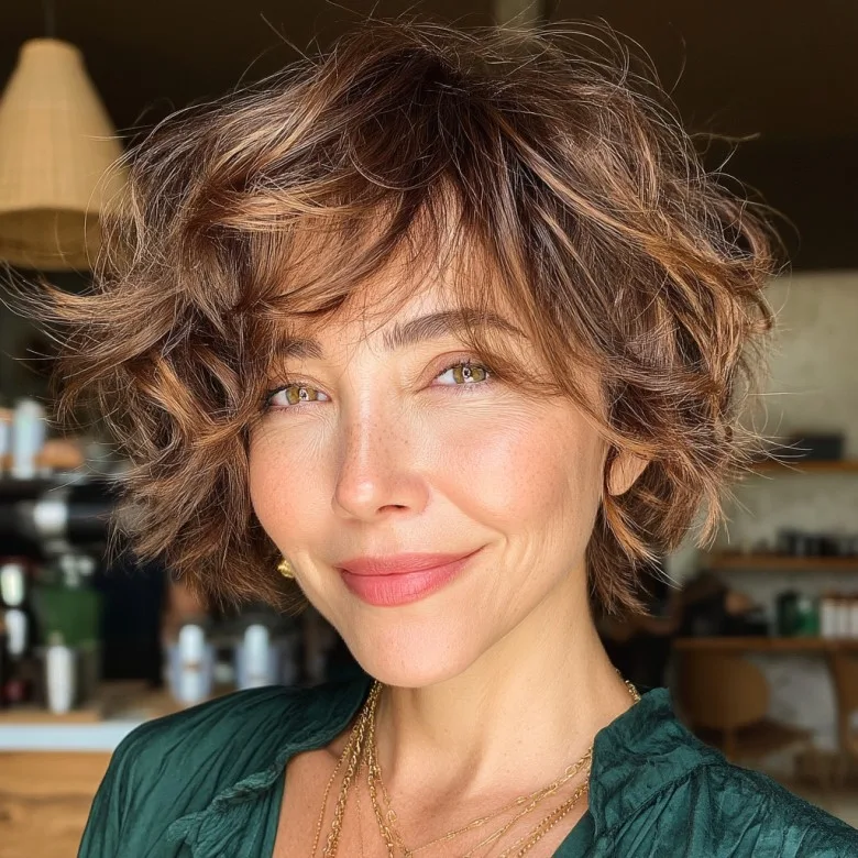 Chic Voluminous Curly Bob with Warm Highlights