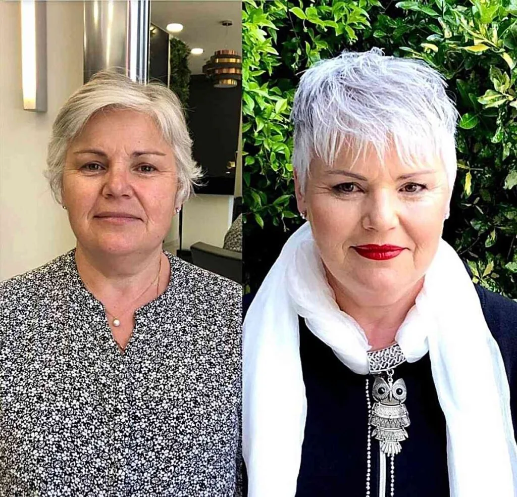 Chilly Silver Blonde Messy Pixie with Fringe for 50-Year-Olds with Round Faces
