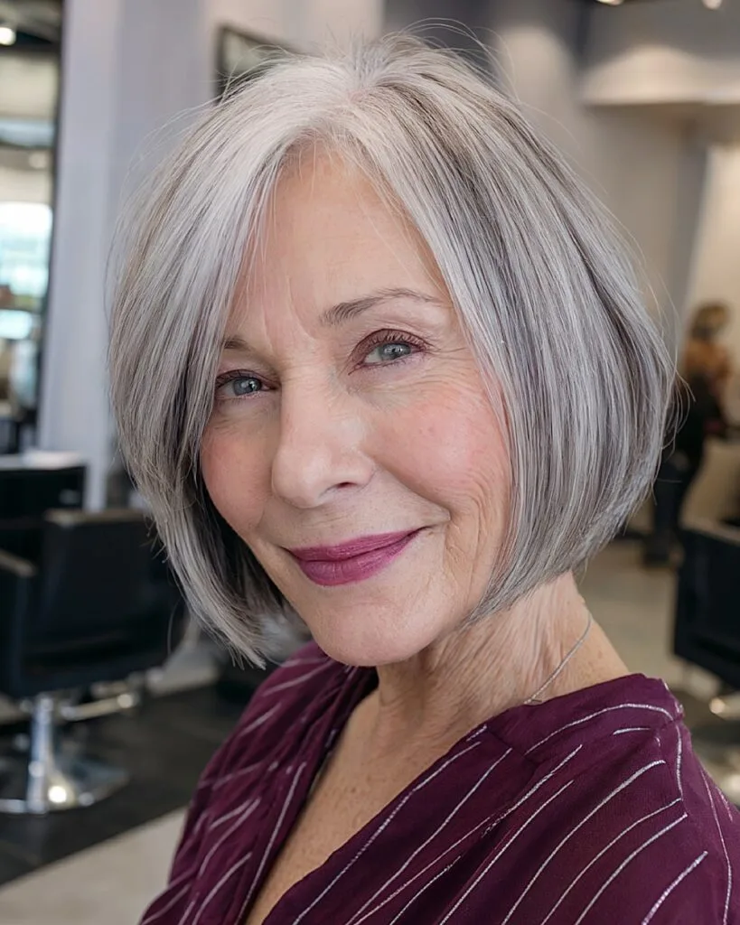 Chin-length bob with tapered edges for women over 70 with fine straight silver hair