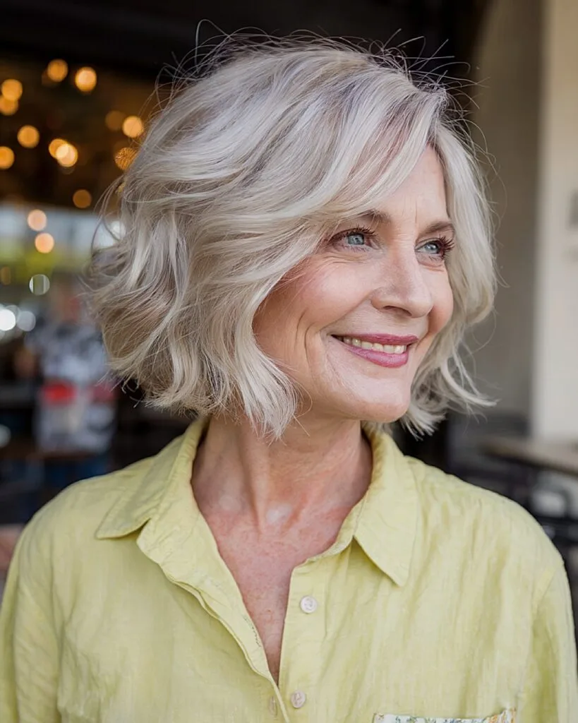 Chin-length haircut with soft wavy layers for women over 70 with blonde-gray hair