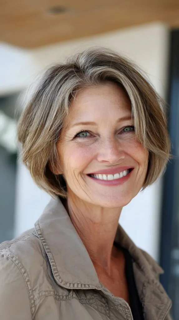 Chin-Length Layered Bob with Root Shadow and Face-Framing Silver Streaks