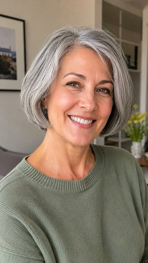 Chin-length salt and pepper bob with soft texture