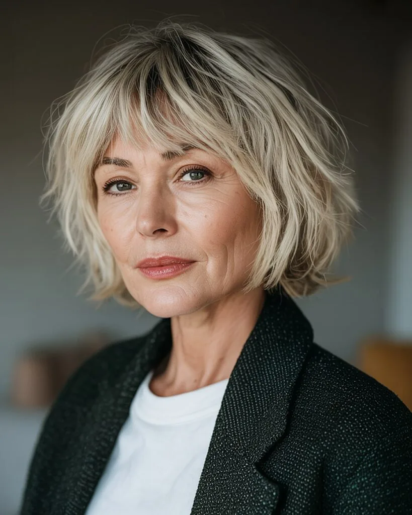 Chin-length shaggy bob with feathered ends and light bangs for women over 50 with fine hair