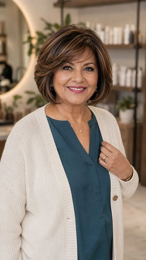Chocolate brown bob with caramel face-framing highlights