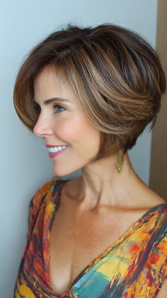 Chocolate espresso stacked bob with caramel highlights