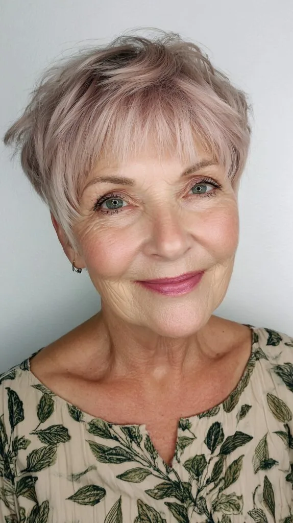 Choppy Blush Pixie Cut with Textured Bangs