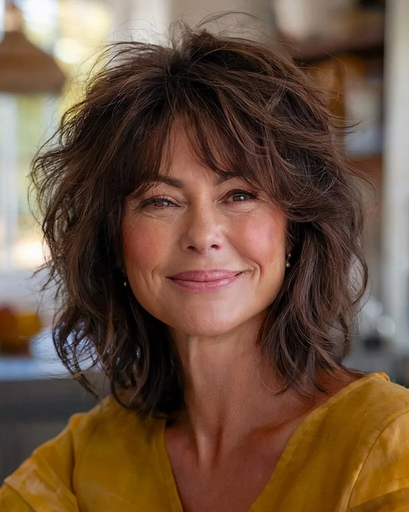 Choppy shaggy bob with tousled texture for fine hair over 50 and added volume