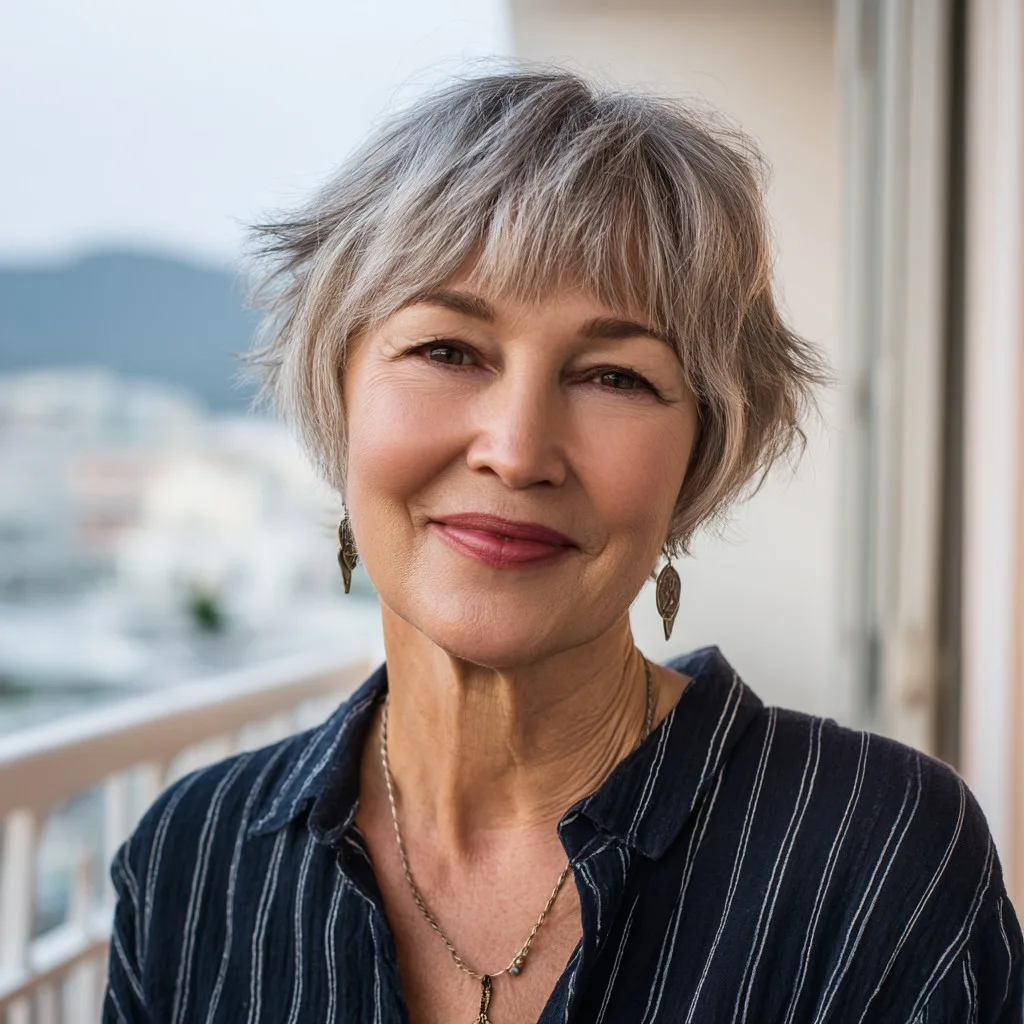 Choppy Silvery Bixie Shag with Textured Bangs