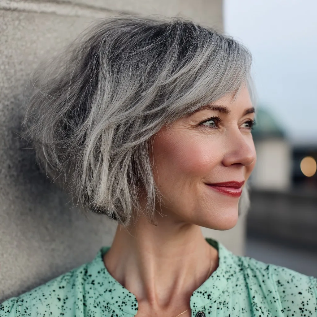 Choppy Textured Ash Gray Bob with Subtle Layers