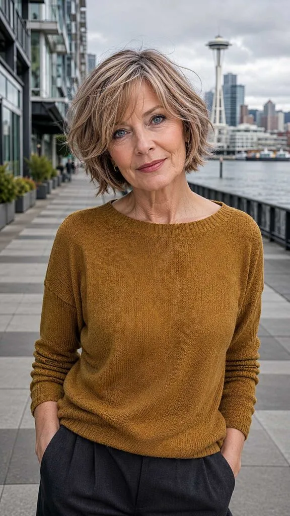 Choppy textured bob with sandy blonde highlights