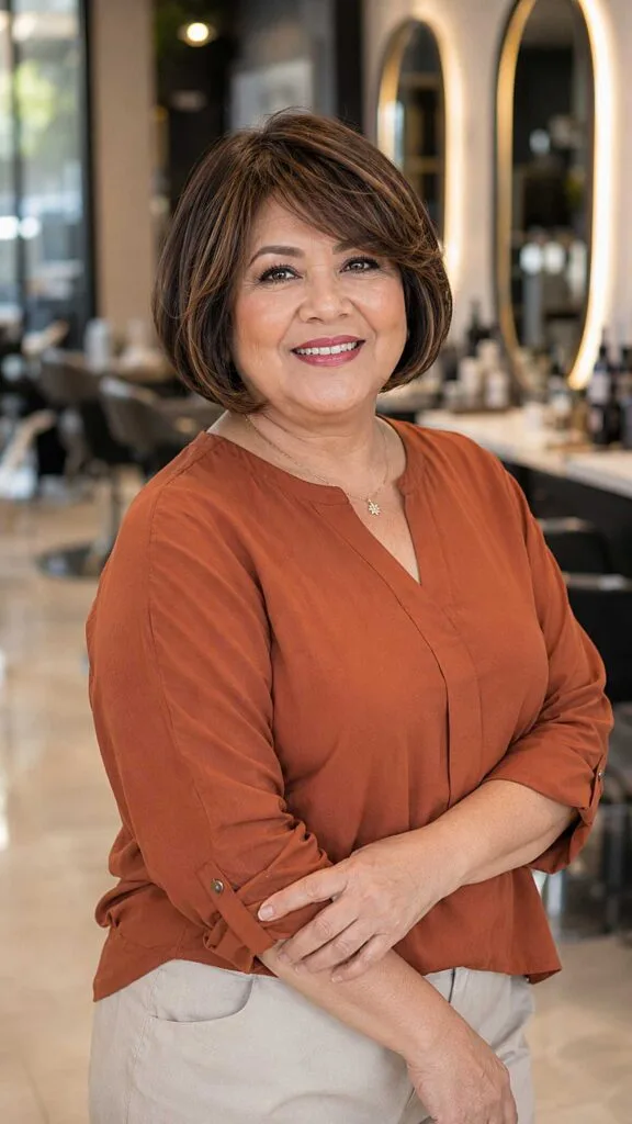 Classic brunette chin-length bob with subtle highlights