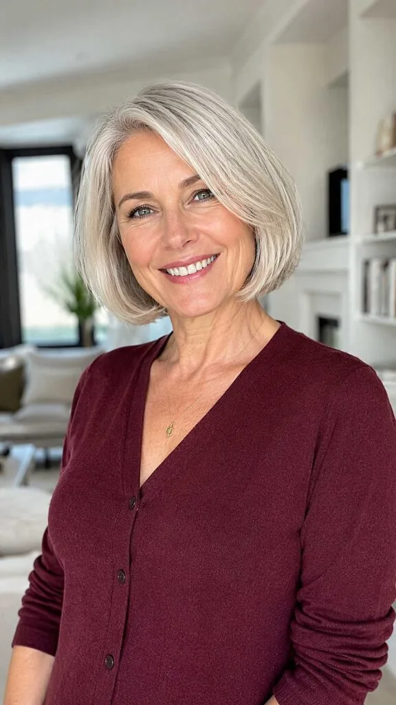 Classic chin-length bob in cool-toned silver