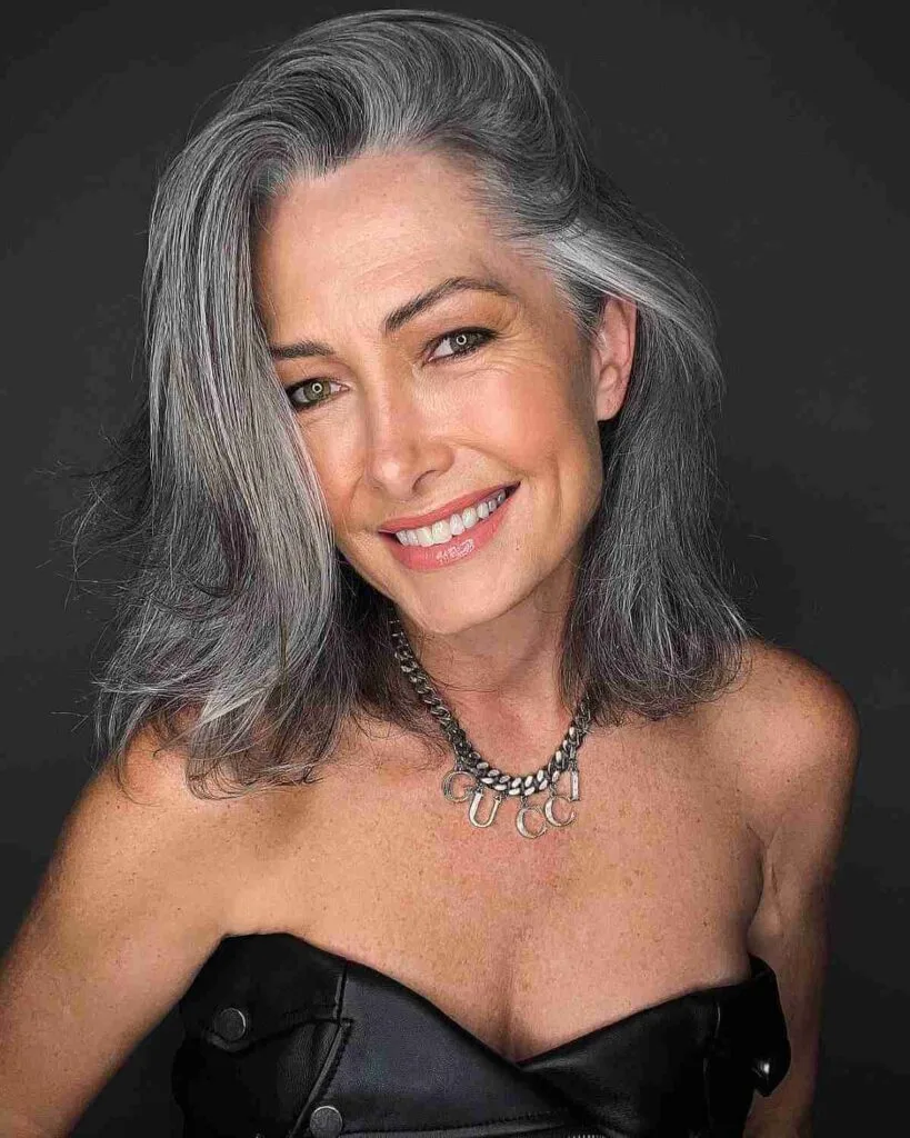 Collarbone-Length Hairstyle for Salt and Pepper Tresses for Women 50 and Up