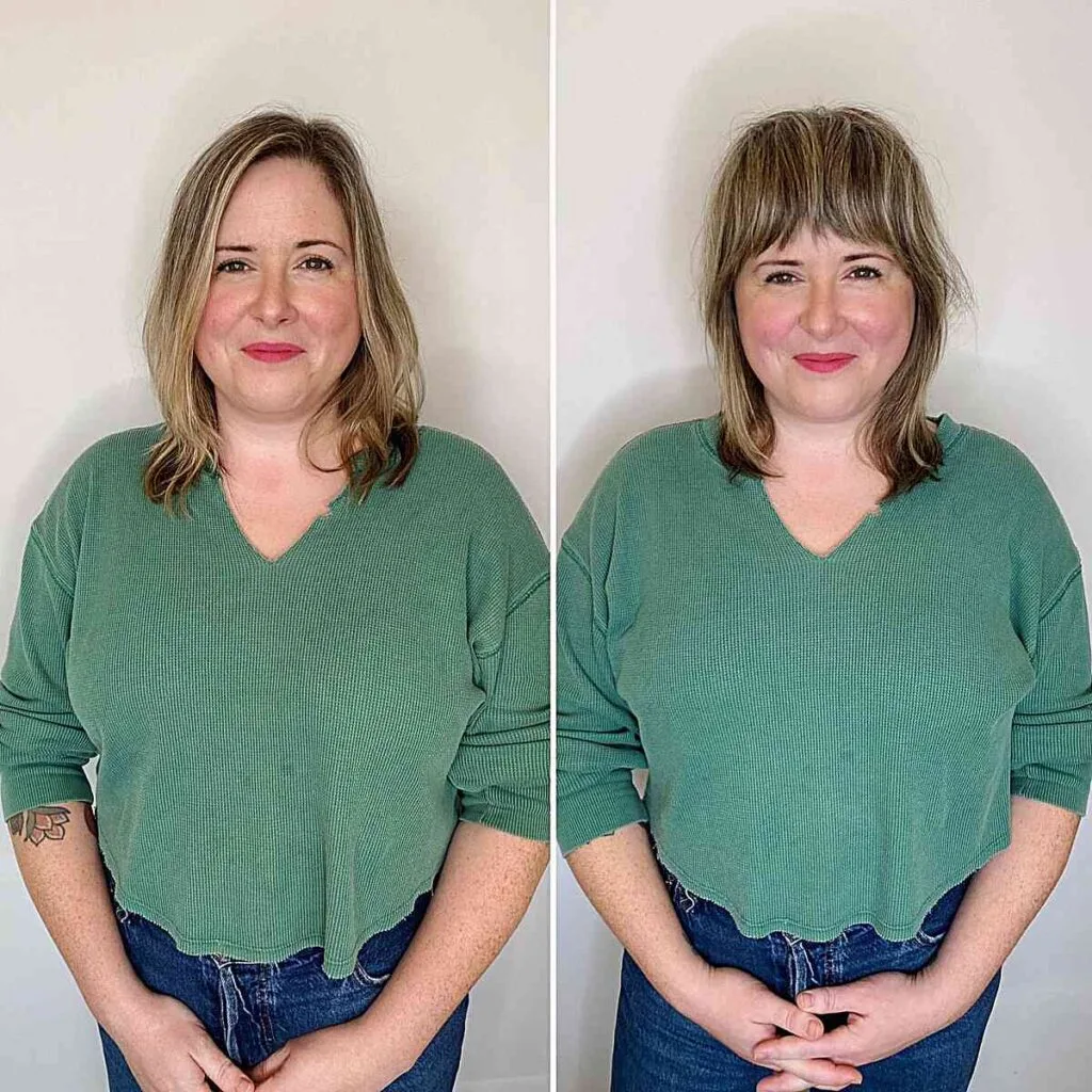 Collarbone-length soft Shag with bottleneck bangs for women aged 40