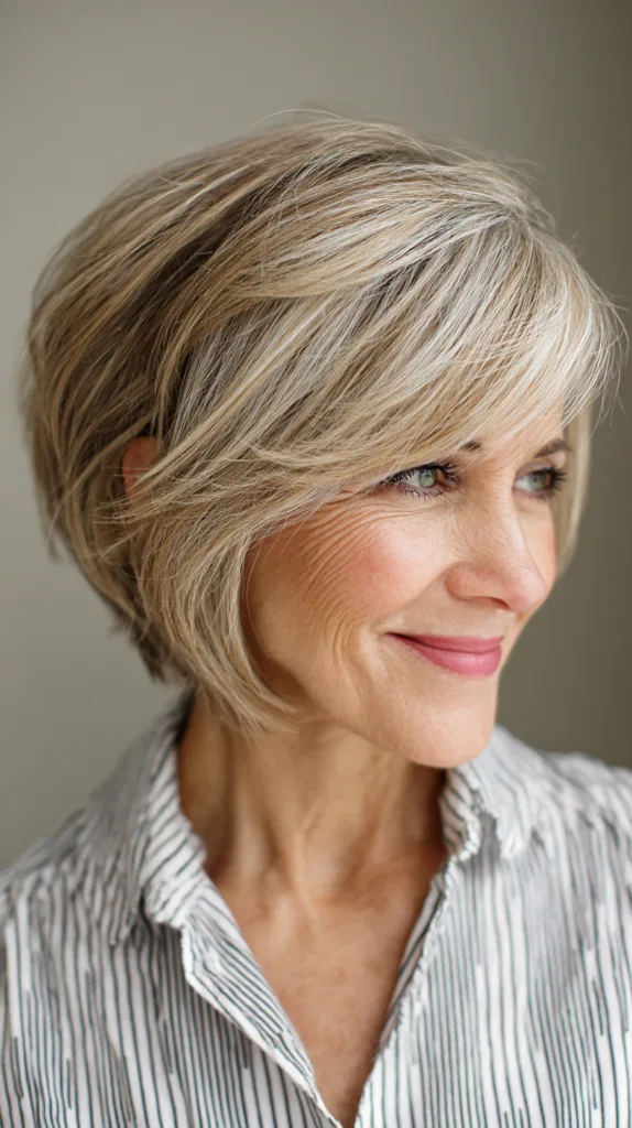 Cool ash blonde textured stacked bob with long bangs