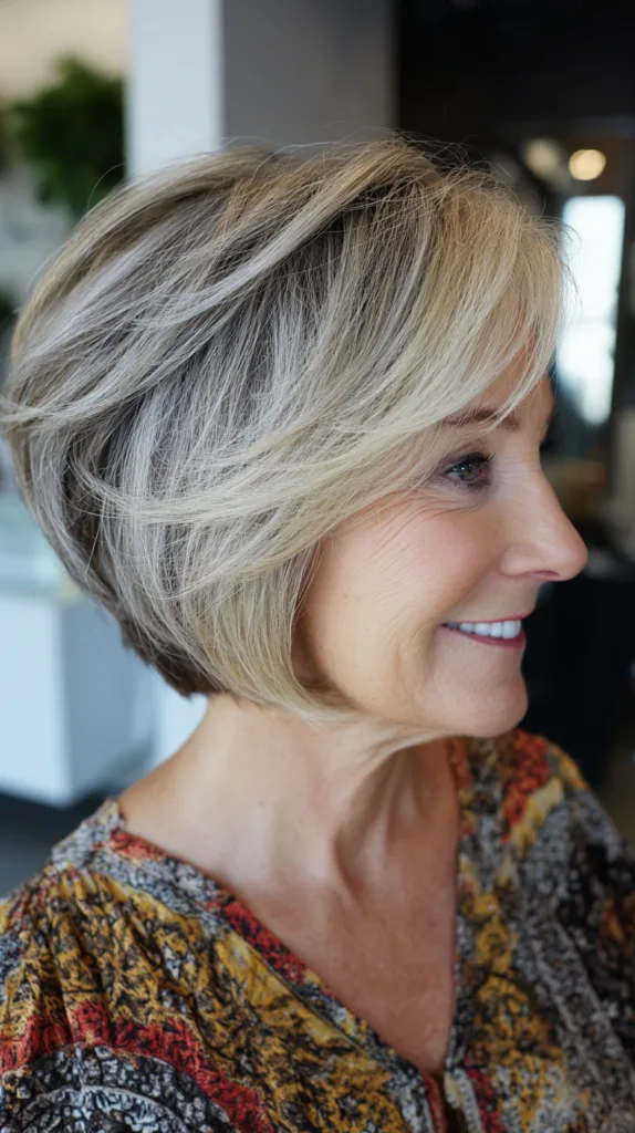 Cool blonde feathered stacked bob with shadow root