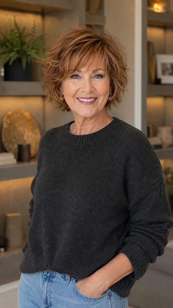 Copper shag bob with wispy curtain bangs