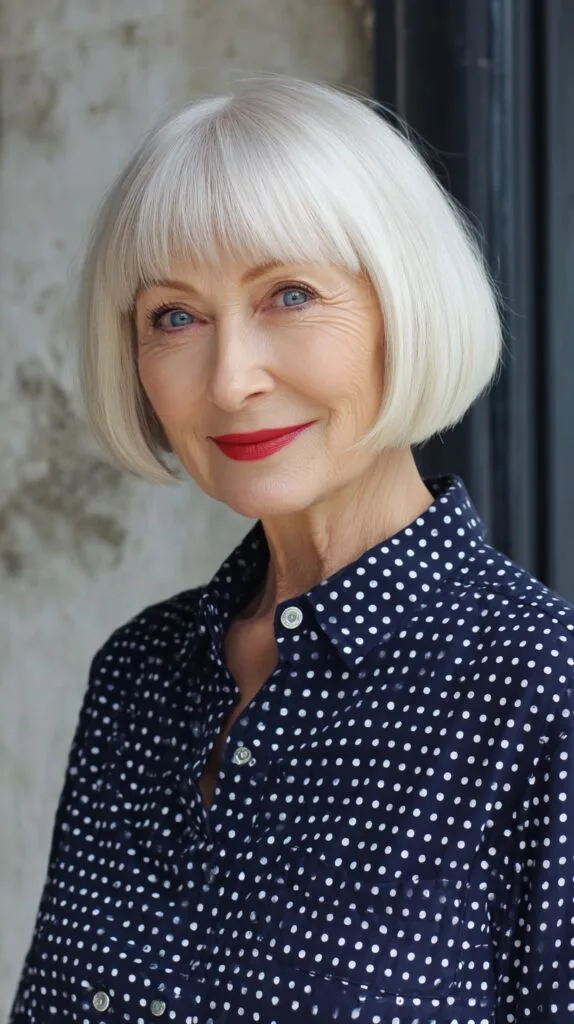 Crisp Silver Chin-Length Blunt Bob with Micro Fringe