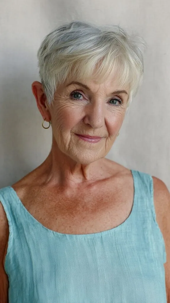 Cropped Silver Pixie with Feathered Long Bangs