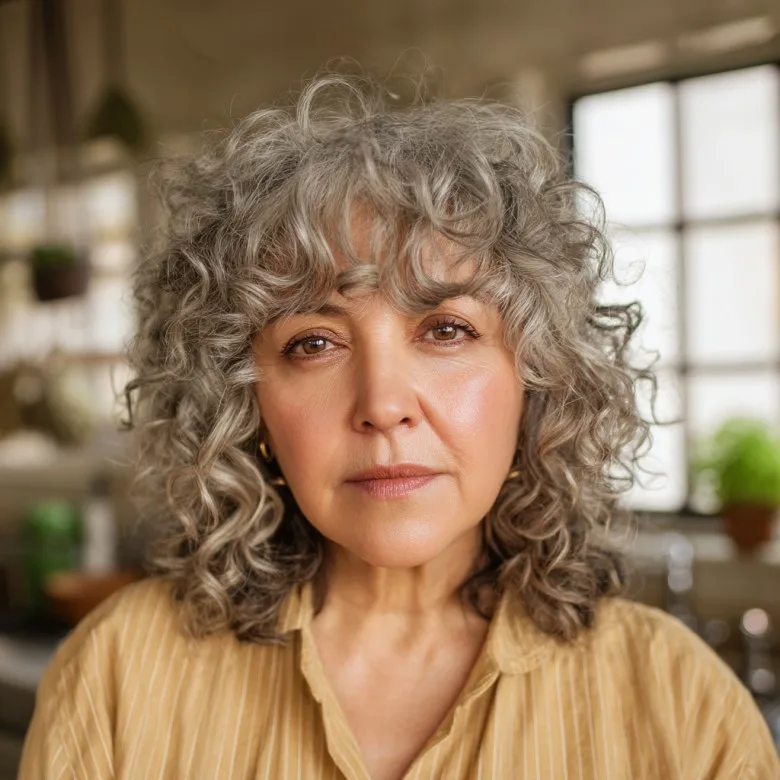Curly Gray Bob with Playful Bangs