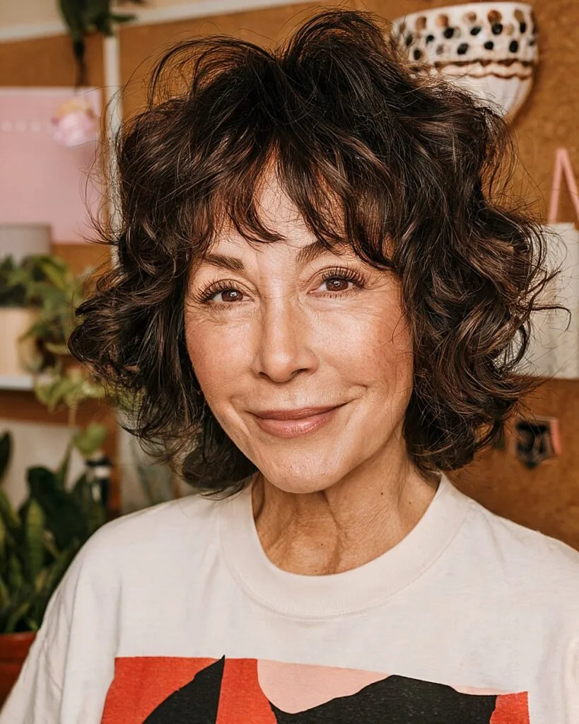 Curly shaggy bob haircut with layered waves and bangs for fine hair over 50