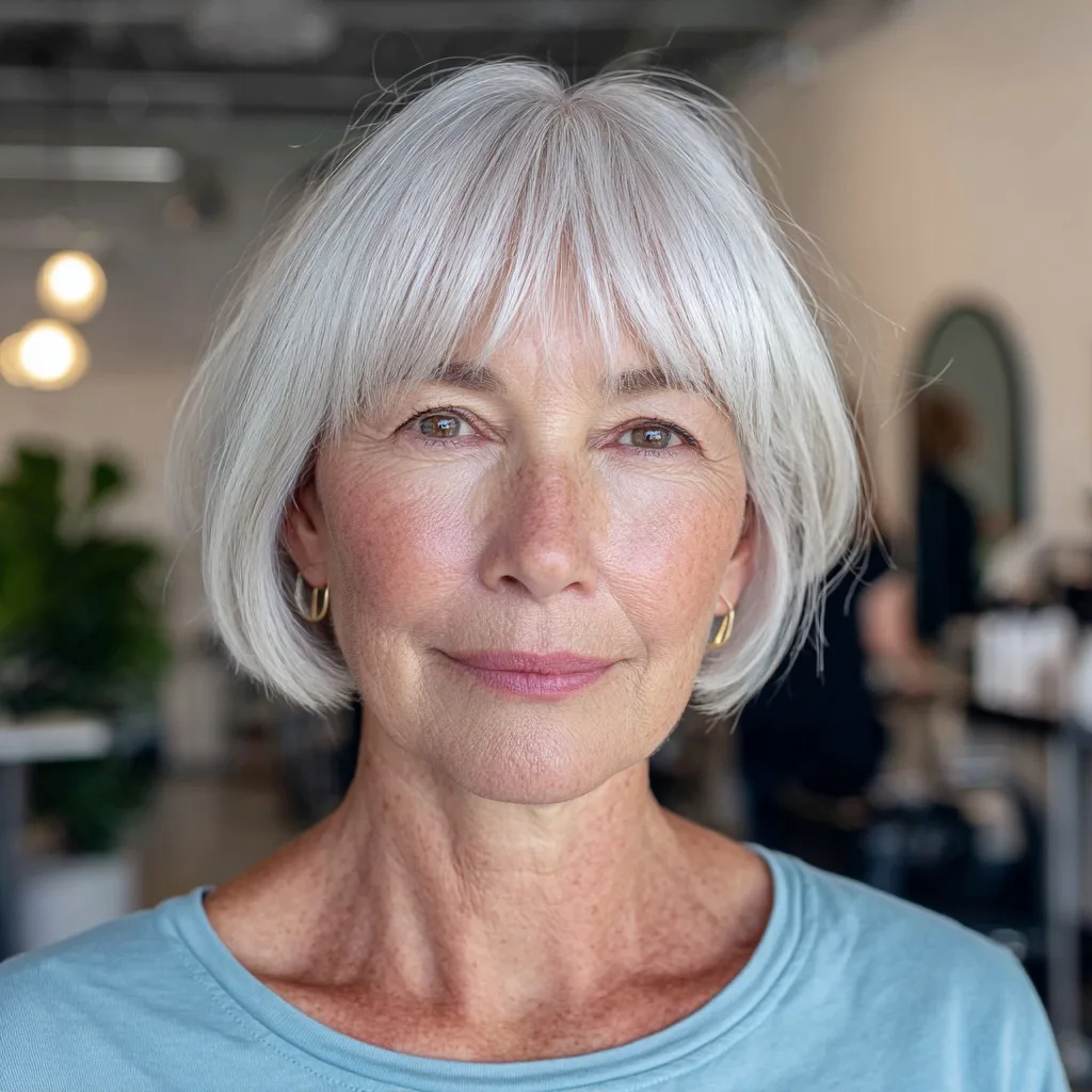 Effortless Silver Jaw-Length Bob with Soft Curtain Bangs