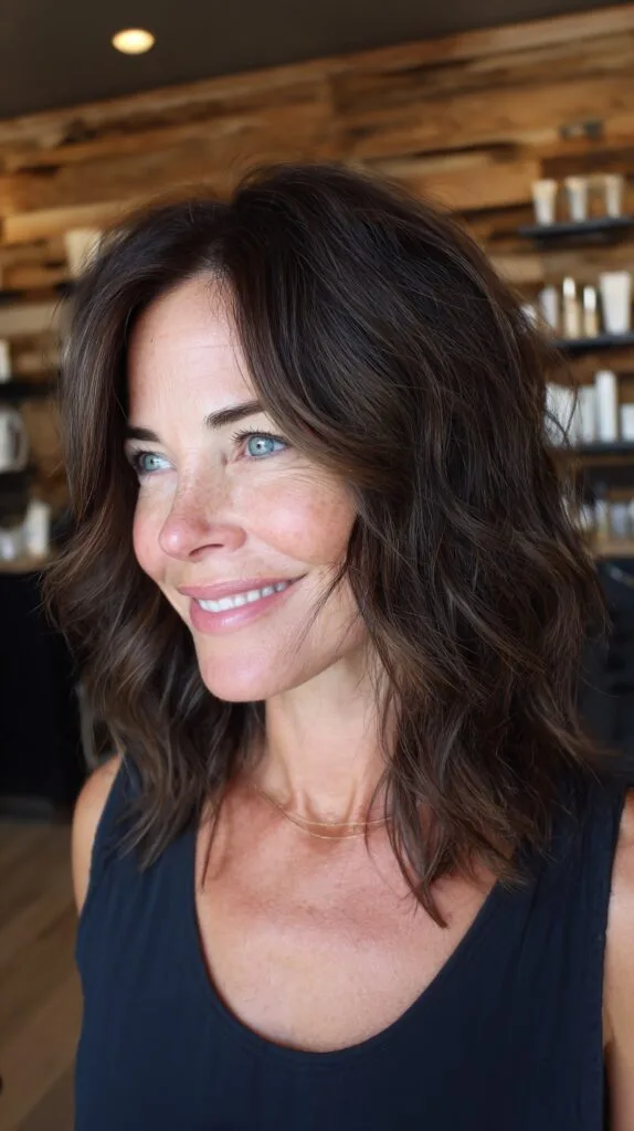 Effortless Wavy Shoulder-Length Layers with Subtle Gray Integration