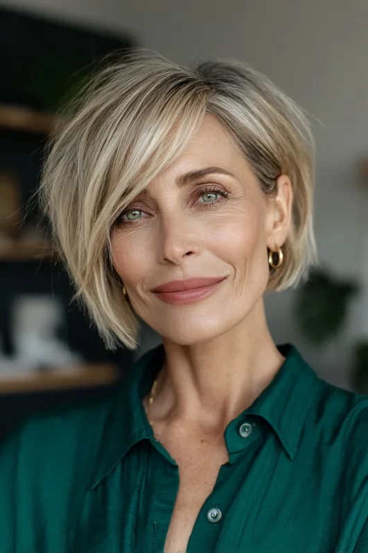 Effortlessly Chic Layered Wedge Bob with Bright Blonde Highlights