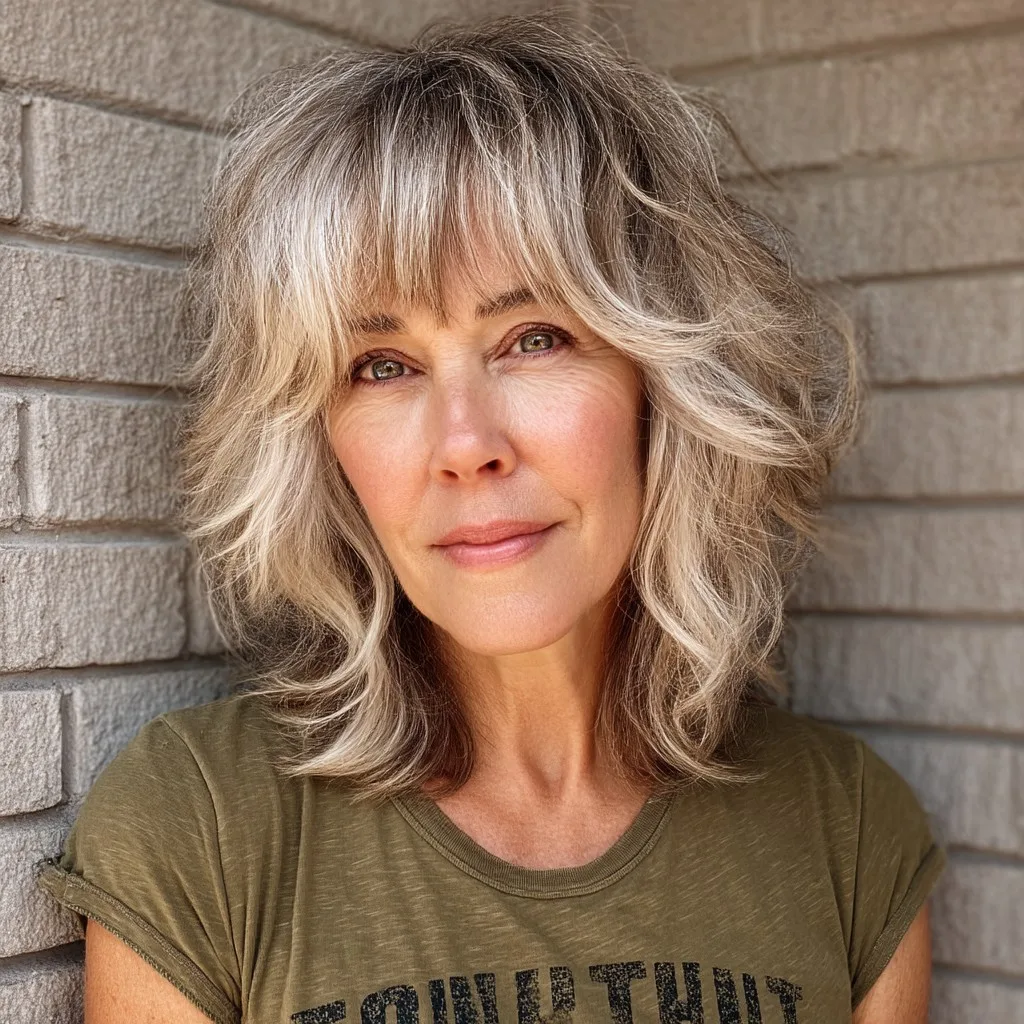Effortlessly Tousled Gray Shag with Soft Bangs