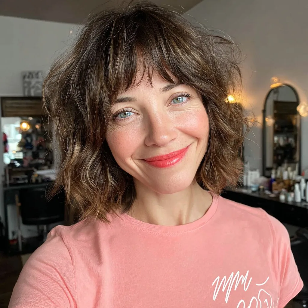 Effortlessly Tousled Shag Bob with Soft Curtain Bangs