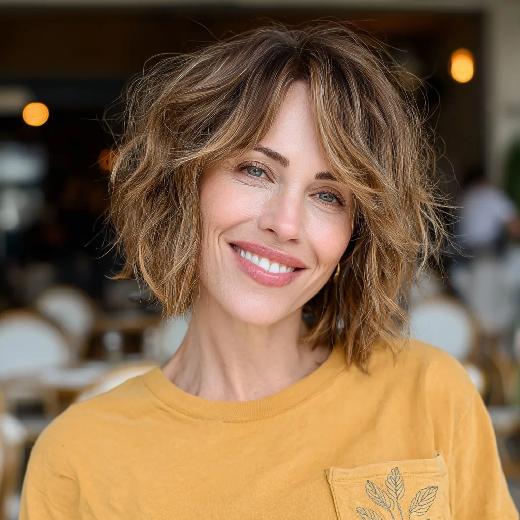 Effortlessly Tousled Shaggy Bob with Gentle Curtain Bangs