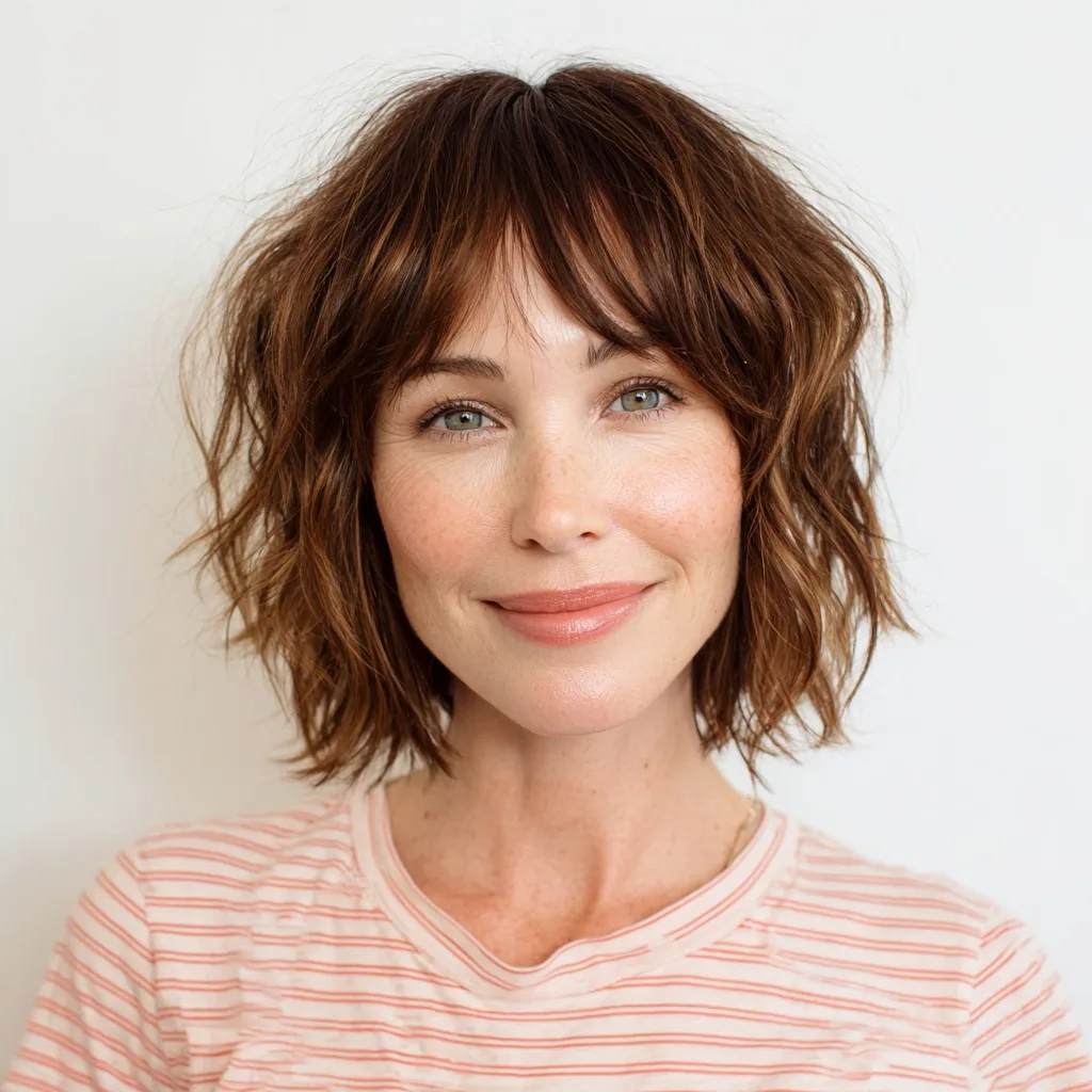 Effortlessly Tousled Shaggy Bob with Soft Curtain Bangs