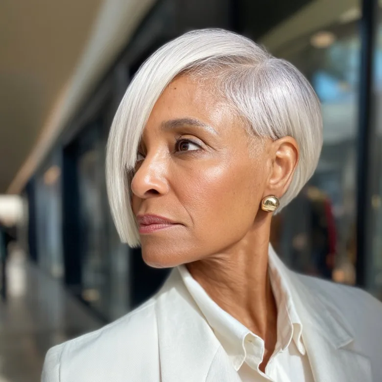 Elegant Asymmetrical Bob with Sleek Silver Finish