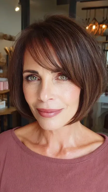 Elegant Brunette Bob with Soft Long Bangs