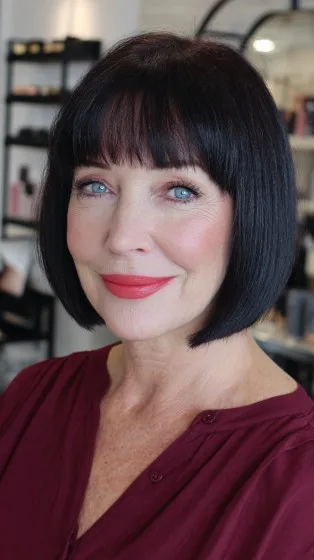 Elegant Jet Black Bob with Subtle Fringes