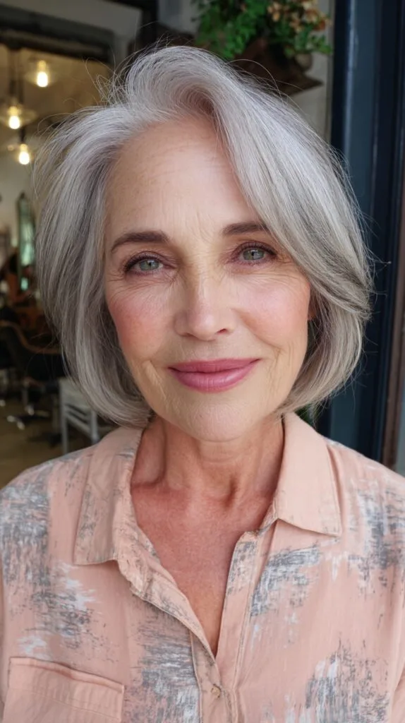 Elegant Silver Layered Bob with Face-Framing Bangs