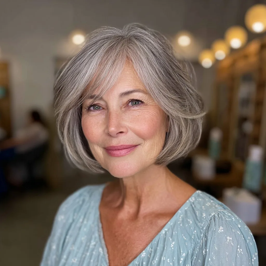 Elegant Silver Layered Bob with Soft Face Framing