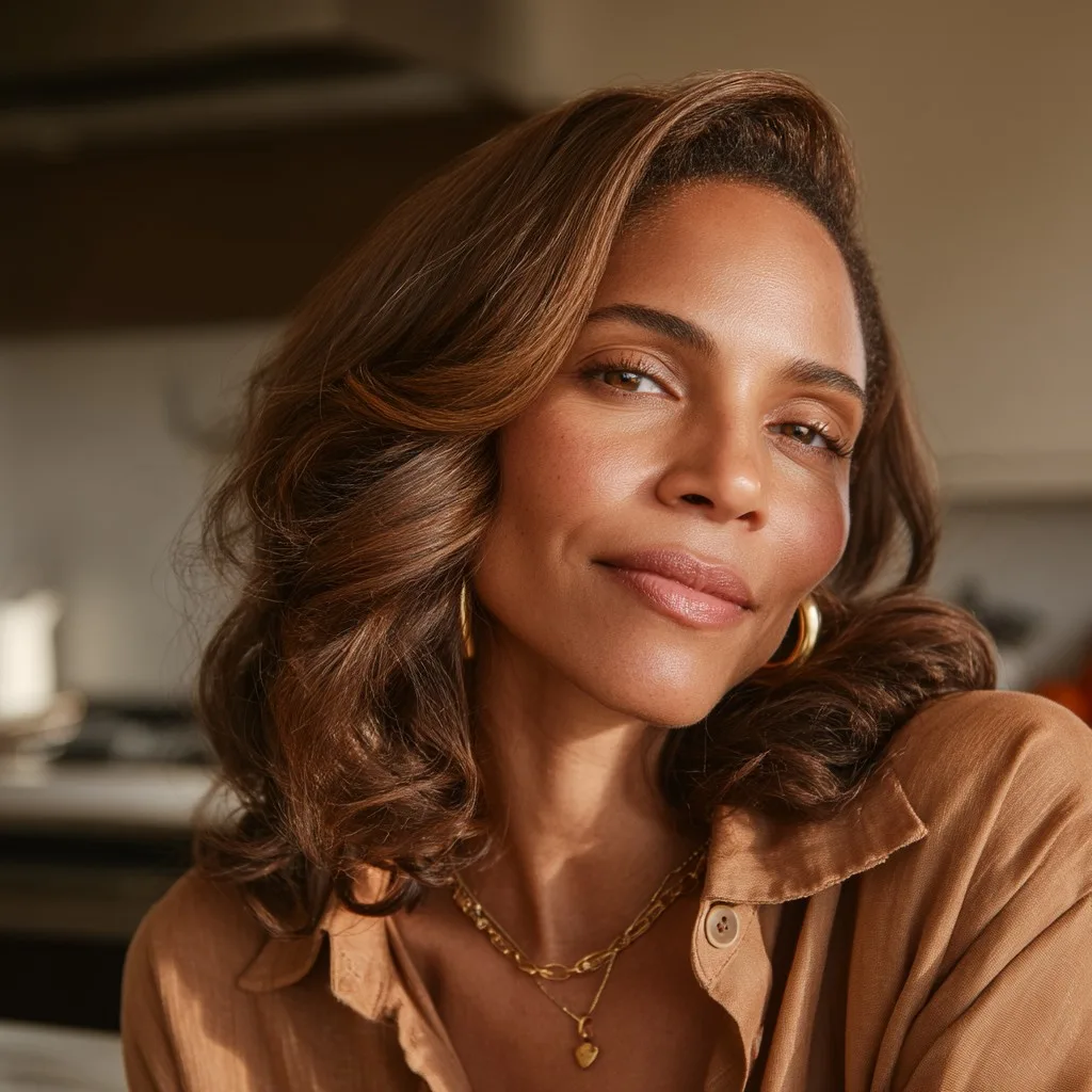Elegant Warm Brown Shoulder-Length Waves