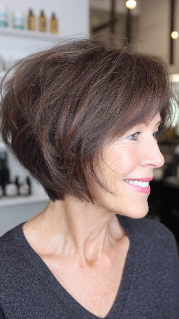 Espresso brown feathered stacked bob with bangs