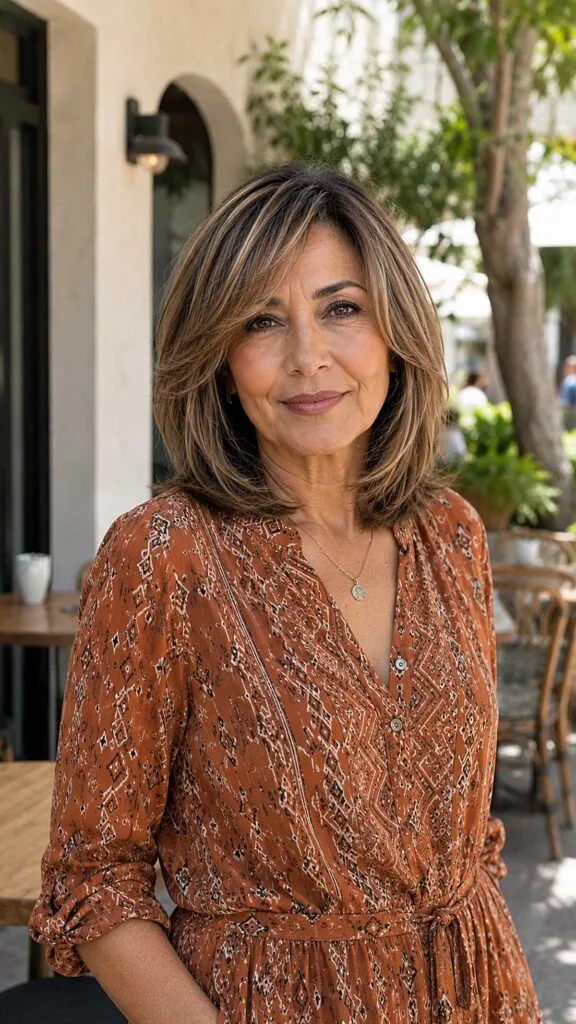 Face-framing lob with caramel highlights on light brown hair