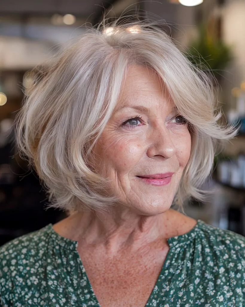 Feathered bob hairstyle with volume for women over 70 with fine layered hair