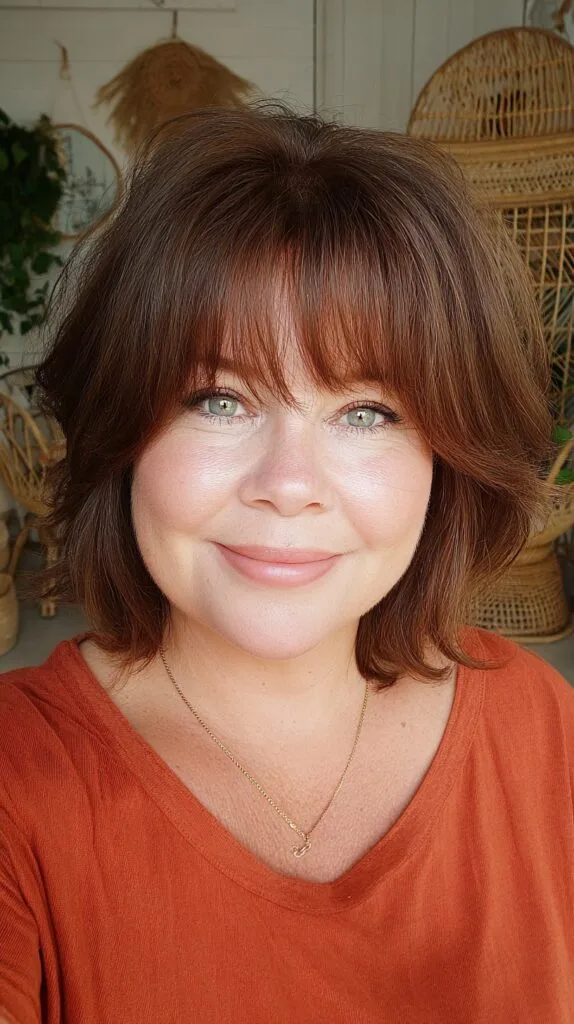 Feathered Chestnut Shag with Soft Curtain Bangs