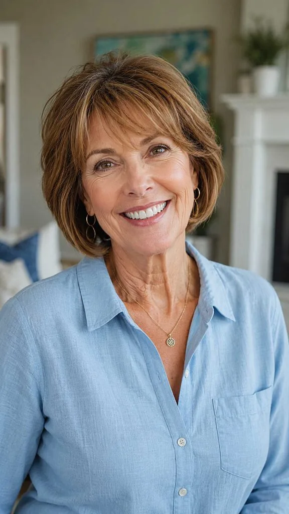 Feathered Chin-Length Cut with Warm Copper Woven Highlights