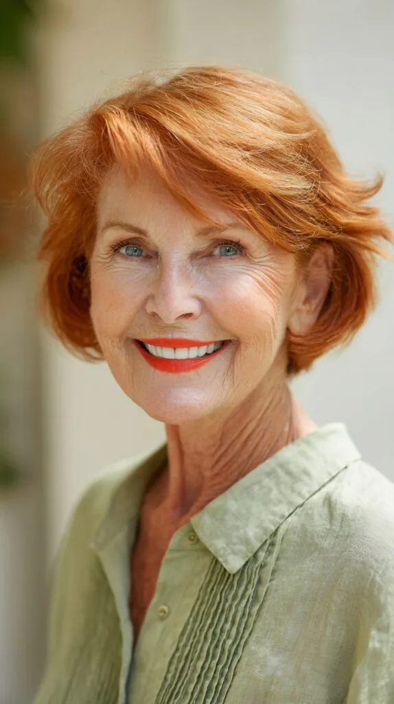 Feathered Copper Ear-Length Bob with Side-Swept Micro Layers