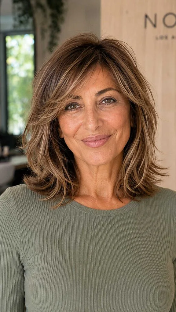 Feathered medium-length light brown hair with warm highlights